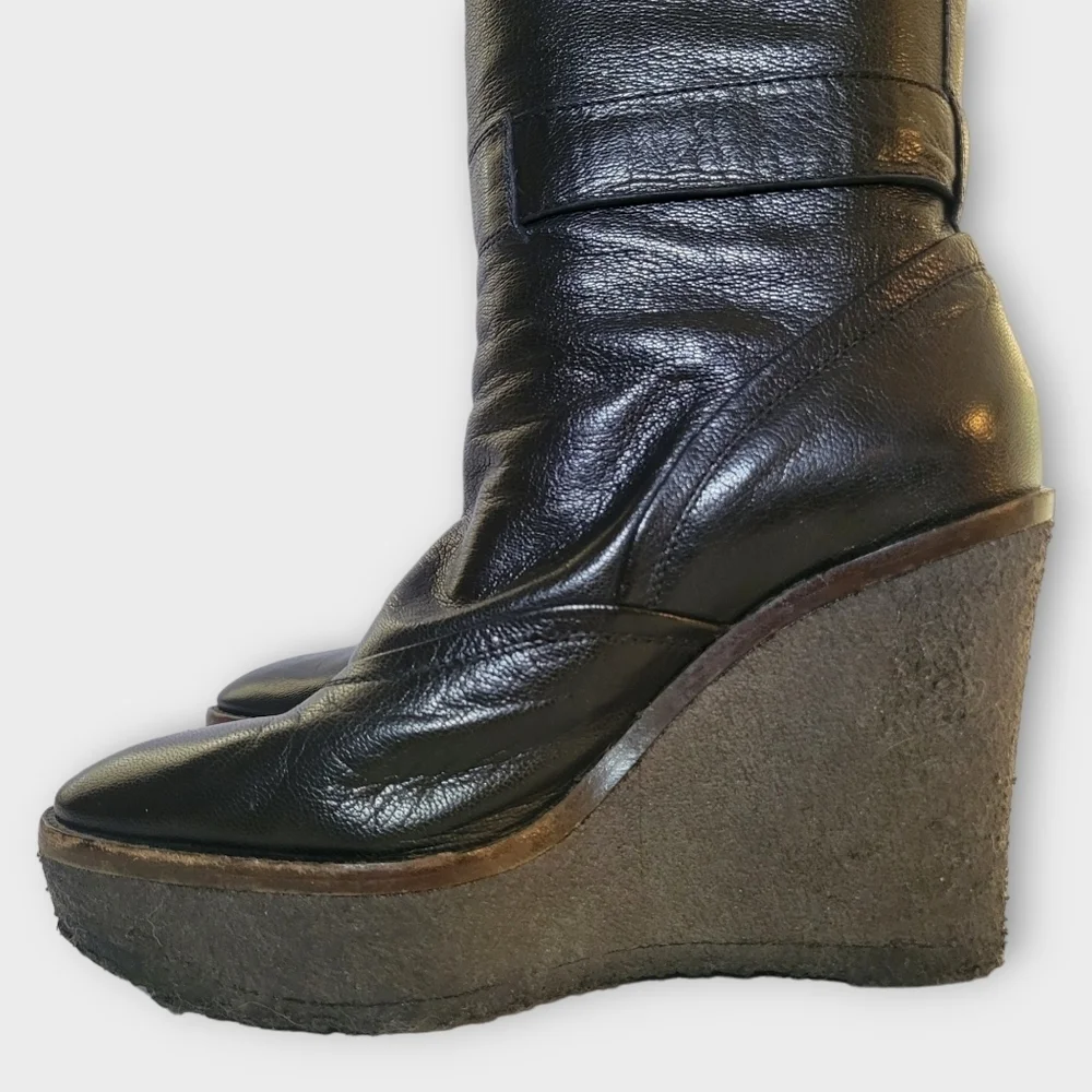YSL Yves Saint Laurent Tall Black Leather Wedge Boots Vintage 90s Y2K - Picture 11 of 16